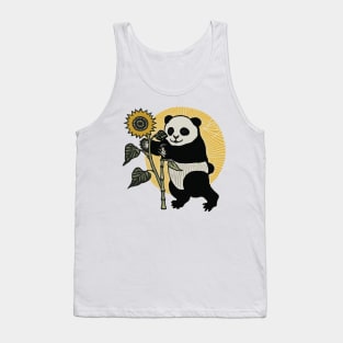 Ukiyo-e Style Smiling Panda Holding a Sunflower With the Sun Behind Tank Top
